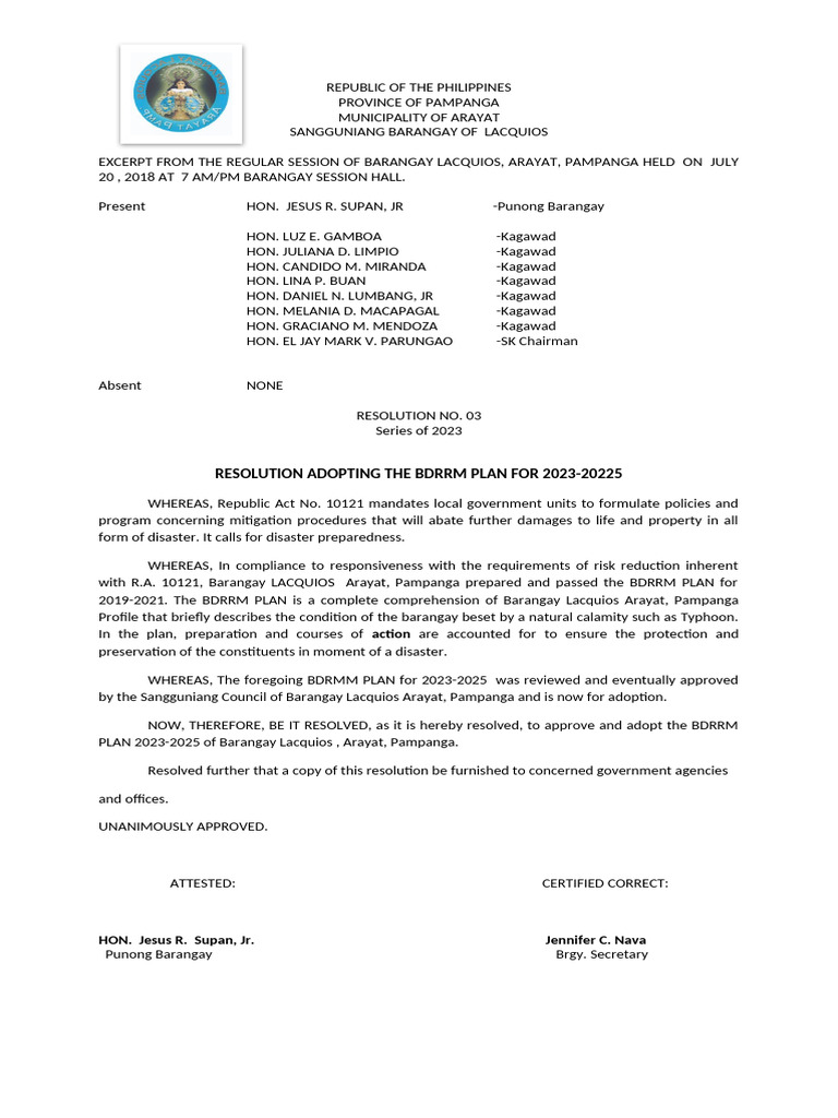 BDRRM Plan Adoption for Barangay Lacquios | PDF | Risk Management ...