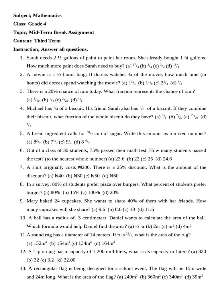 Grade 4 Math Mid-Term Assignment | PDF | Area | Angle