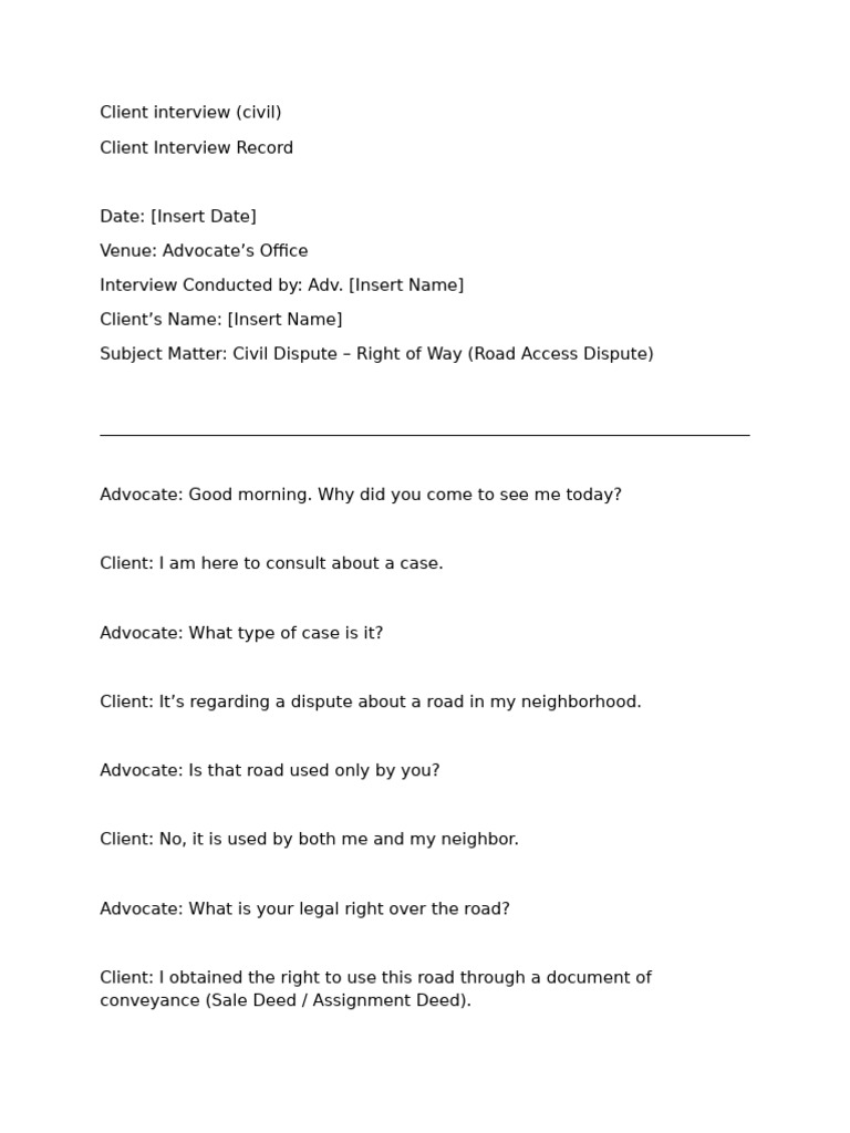 Civil Dispute Client Interview Summary | PDF