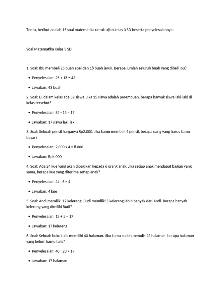 Soal Matematika Kelas 3 SD dan Jawaban | PDF