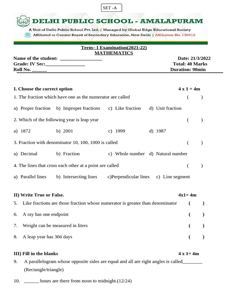 Grade IV Mathematics Term-I Exam 2022 | PDF | Euclid | Mathematics