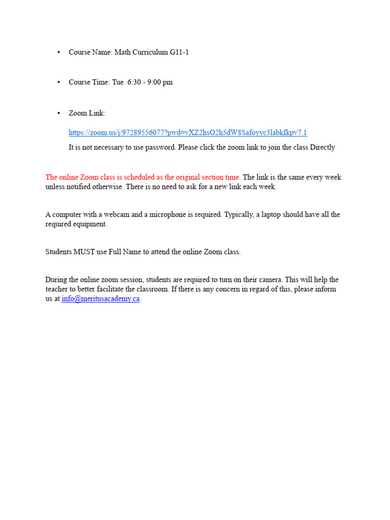 G11 Math Curriculum Zoom Class Info | PDF