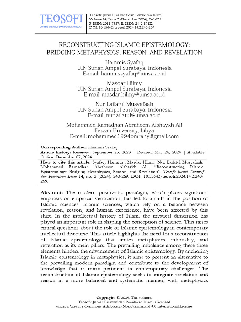 Reconstructing Islamic Epistemology | PDF | Epistemology | Metaphysics