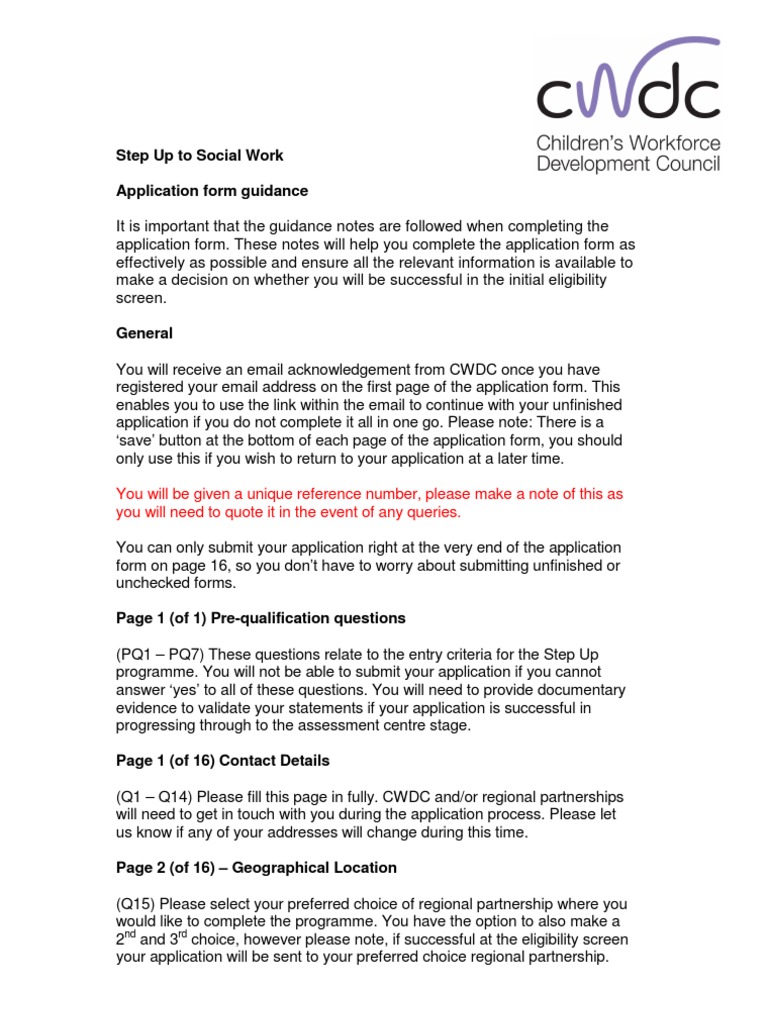 Step Up To Social Work Application Form Guidance PDF Postgraduate