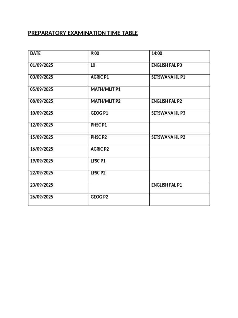 Preparatory Examination Time Table | PDF