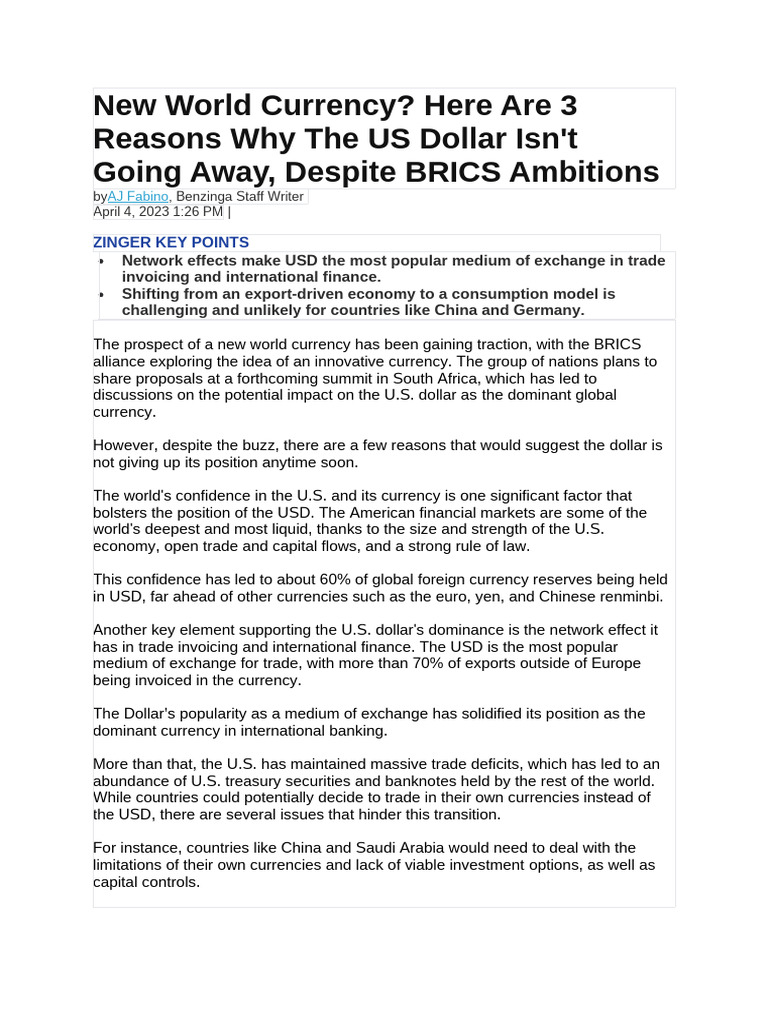 US Dollar's Enduring Dominance Amid BRICS | PDF | Renminbi | United ...