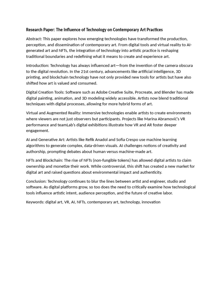 Research Paper, The Influence of Technology On Contemporary Art ...