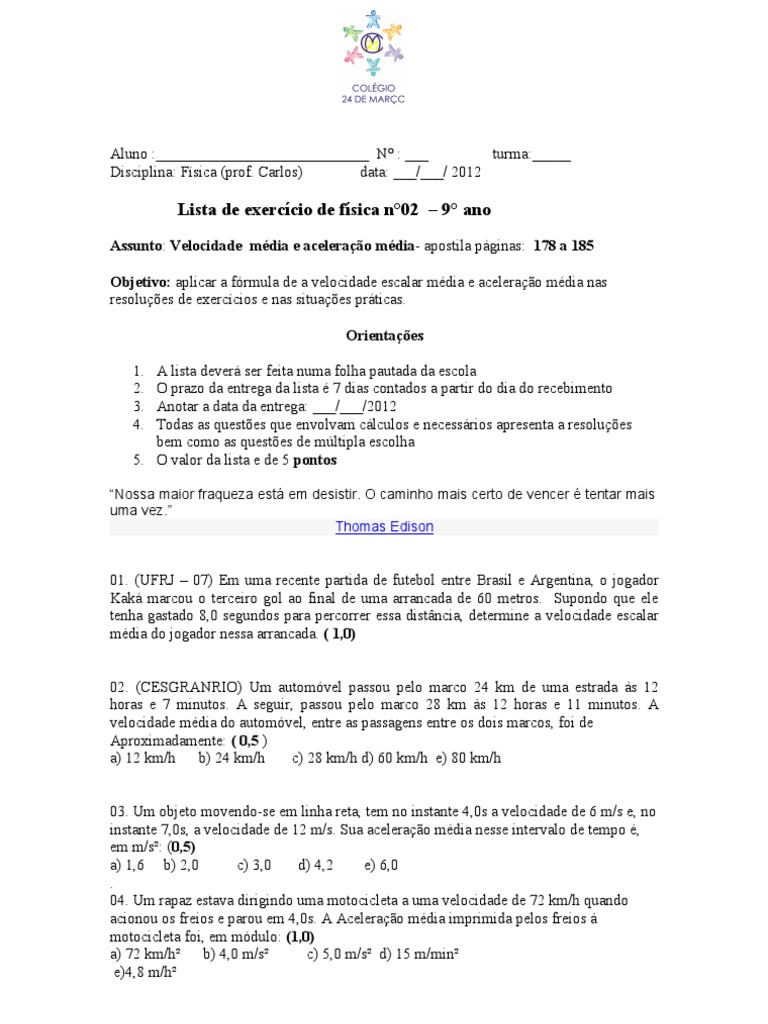 Exercícios de Física: Velocidade e Aceleração | PDF | Velocidade |  Velocidade, image size:768x1024
