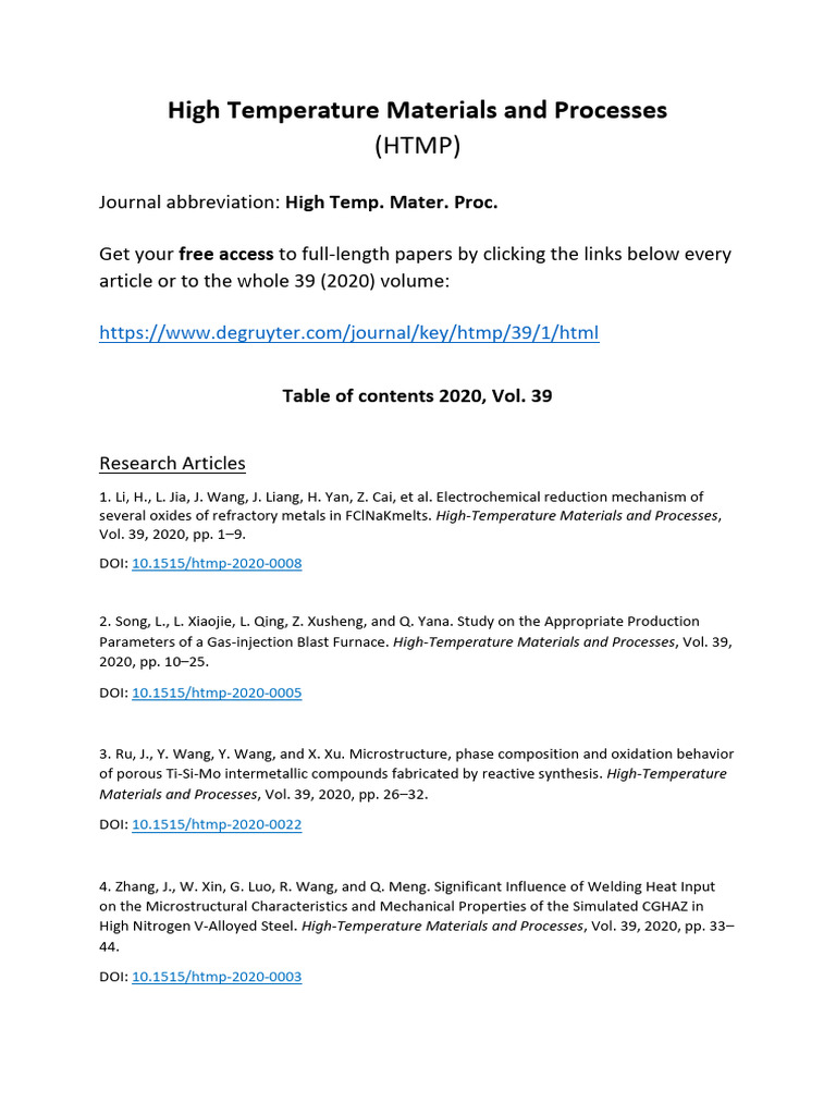 High Temperature Materials Research 2020 | PDF | Welding | Construction