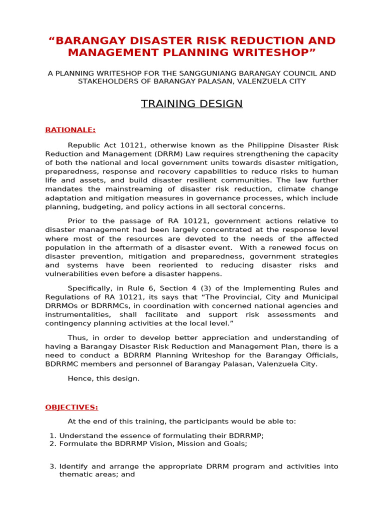 BDRRM TRAINING DESIGN 2024 | PDF | Emergency Management | Disaster Risk ...