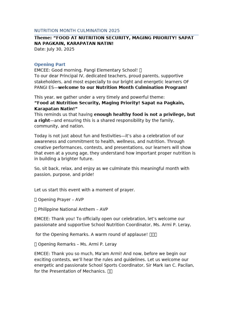 Nutrition Month 2025 Culmination Script | PDF