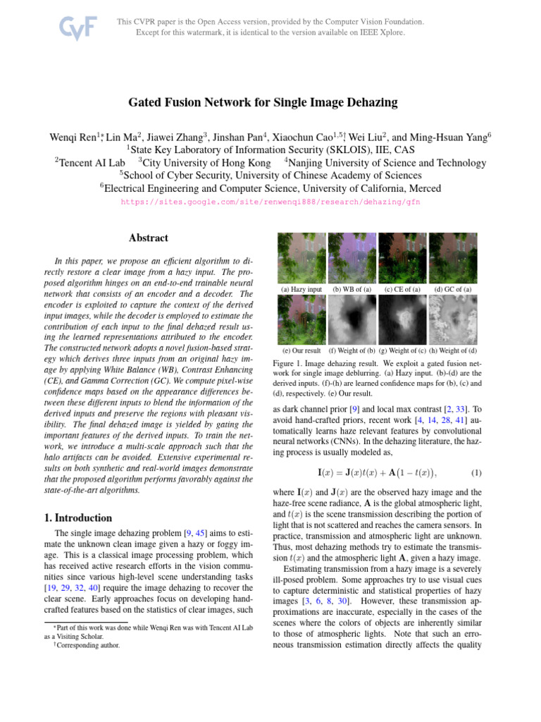 2018 - Gated Fusion Network For Single Image Dehazing | PDF | Vision