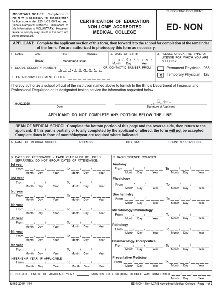 Illinois Medical License Application Form | PDF | Medical School ...