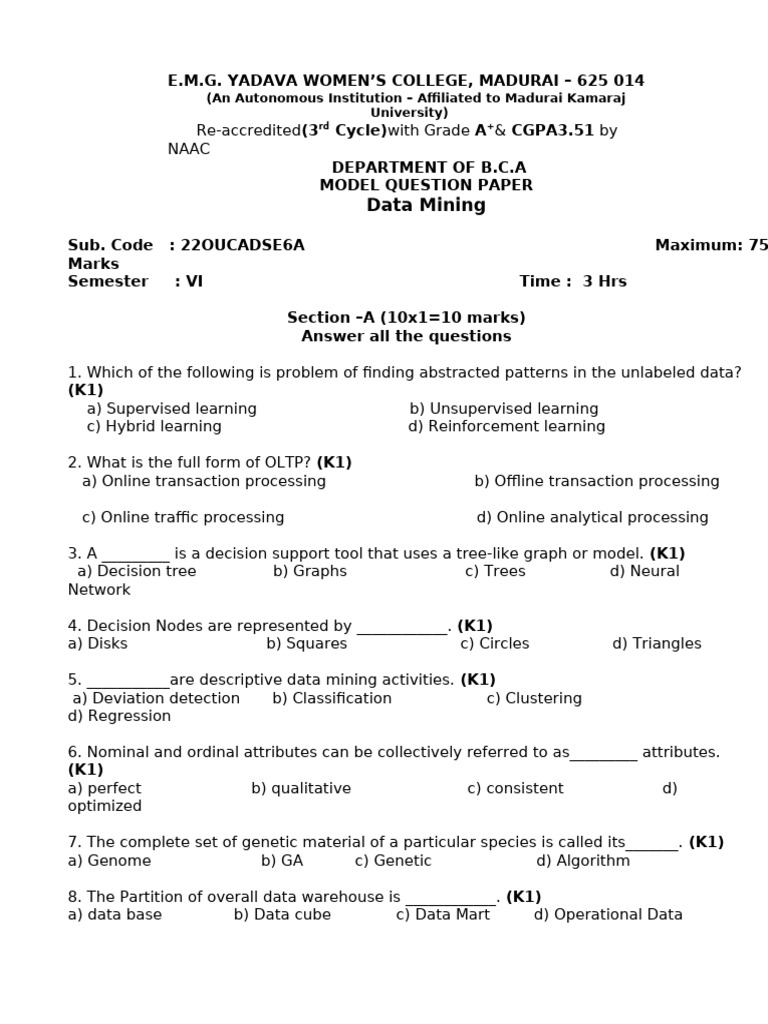 Data Mining Model Question Paper | PDF | Applied Mathematics ...