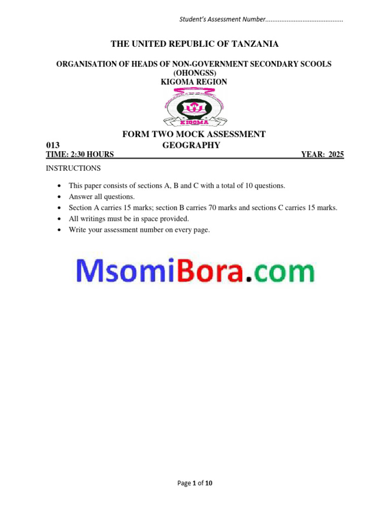 Form Two Geography Mock Assessment 2025 | PDF | Earth Sciences | Nature
