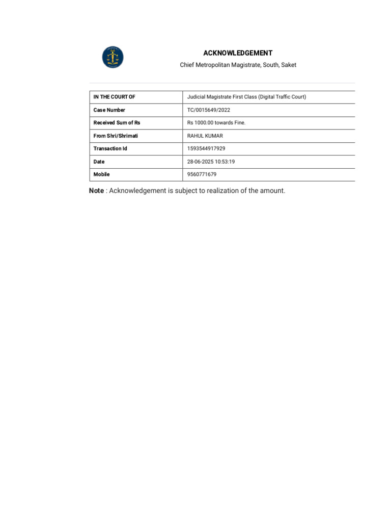 Digital Payment Acknowledgement Receipt | PDF