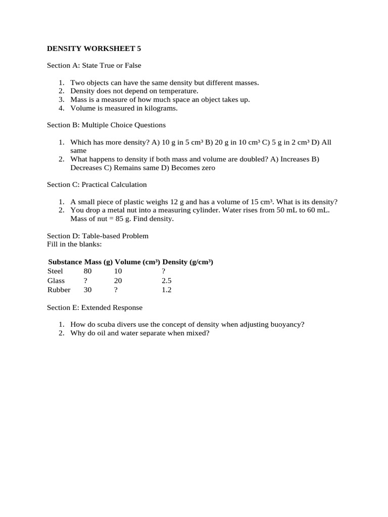 Density Worksheet 5 | PDF
