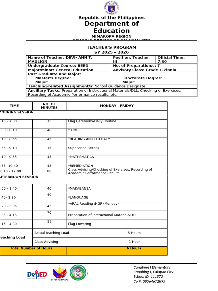 Teacher's Program SY 2025-2026 | PDF | Teachers | Learning
