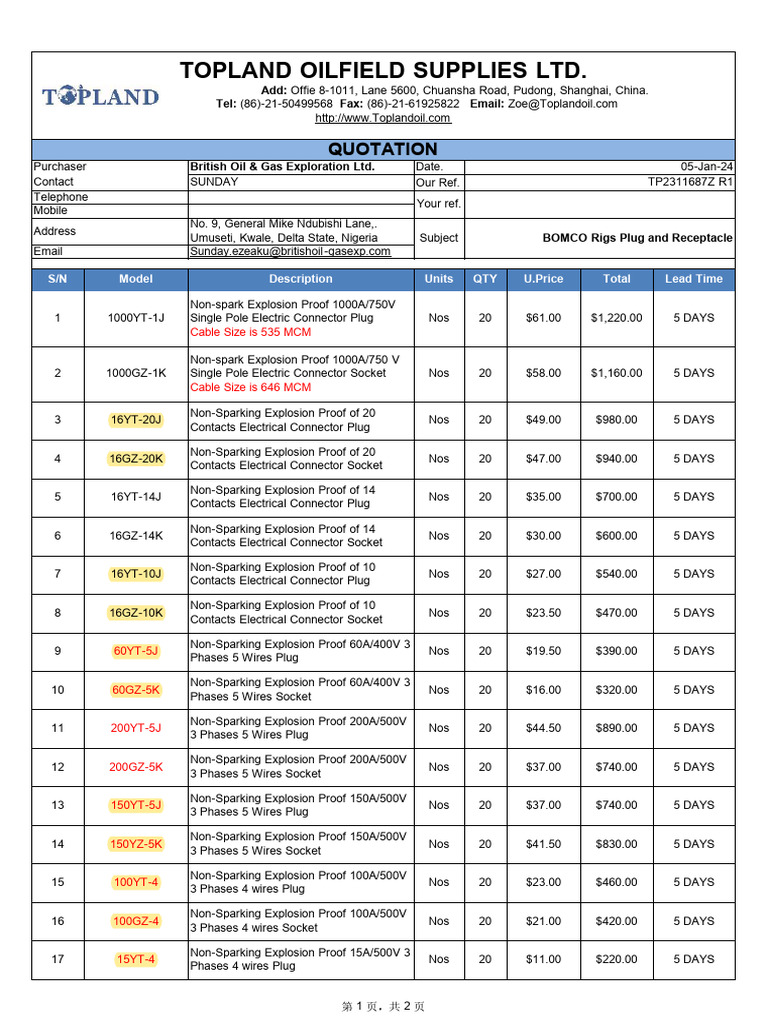 BOMCO Rigs Electrical Connectors Quote | PDF | Electrical Connector ...