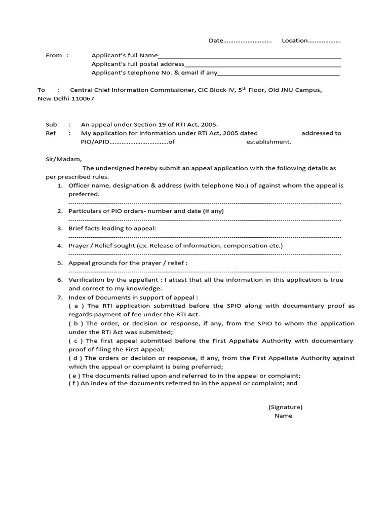 RTI Model Application For Second Appeal To Information Commission (1 ...