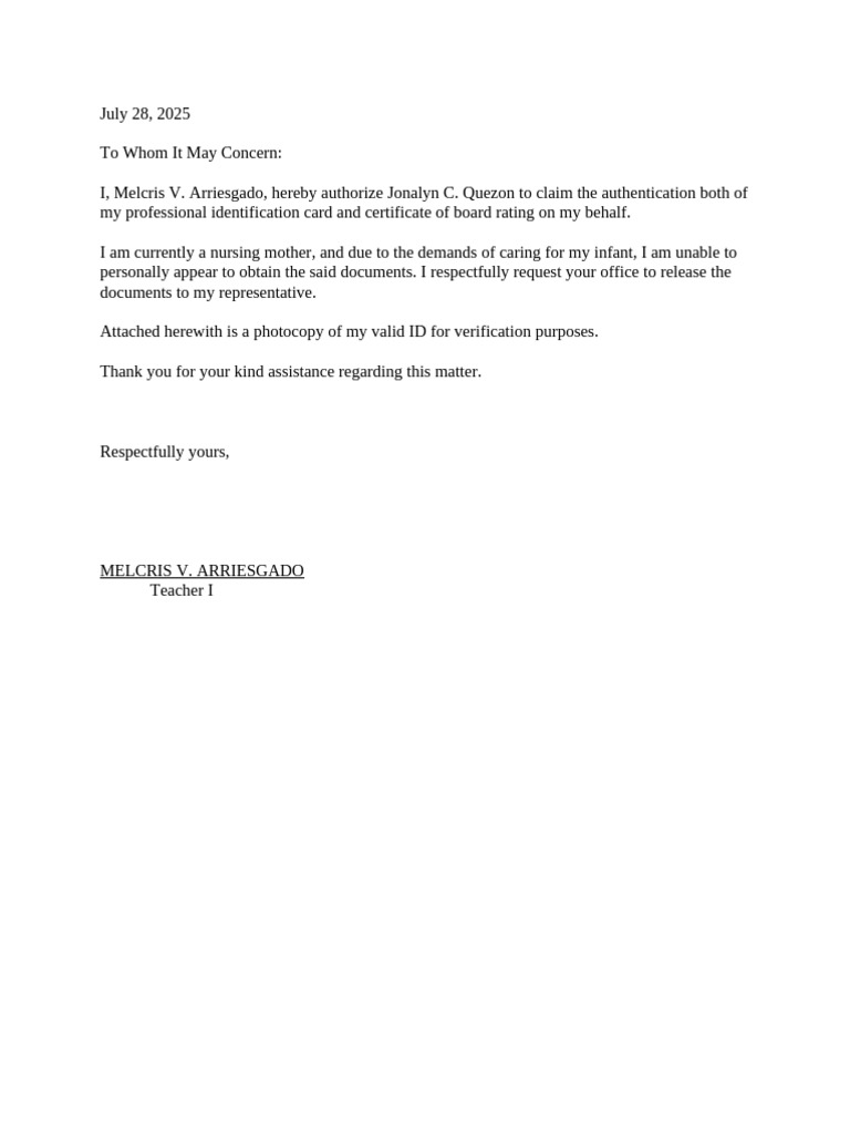 Authorization Letters for Document Claims | PDF