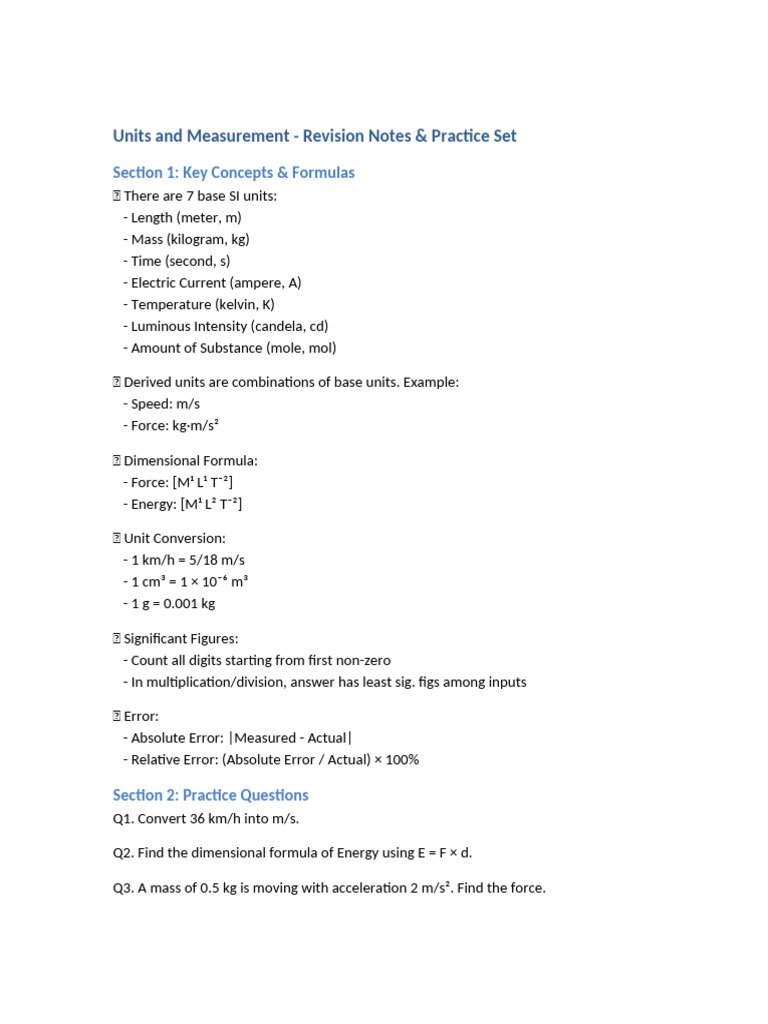 Units and Measurement Notes and Practice | PDF