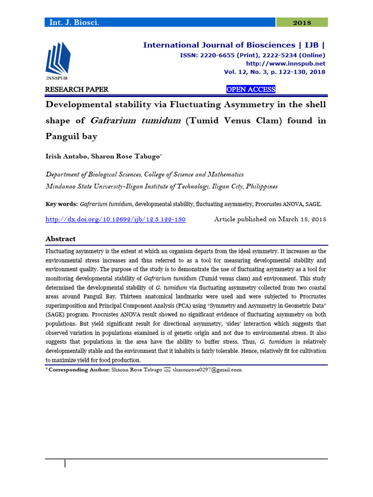 Developmental Stability Via Fluctuating Asymmetry in The Shell Shape of ...
