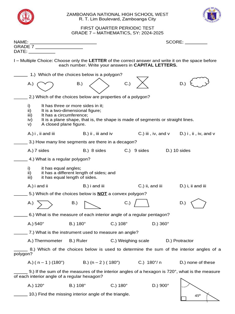 Grade 7 Math Periodic Test 2025 | PDF | Geometric Shapes | Elementary ...