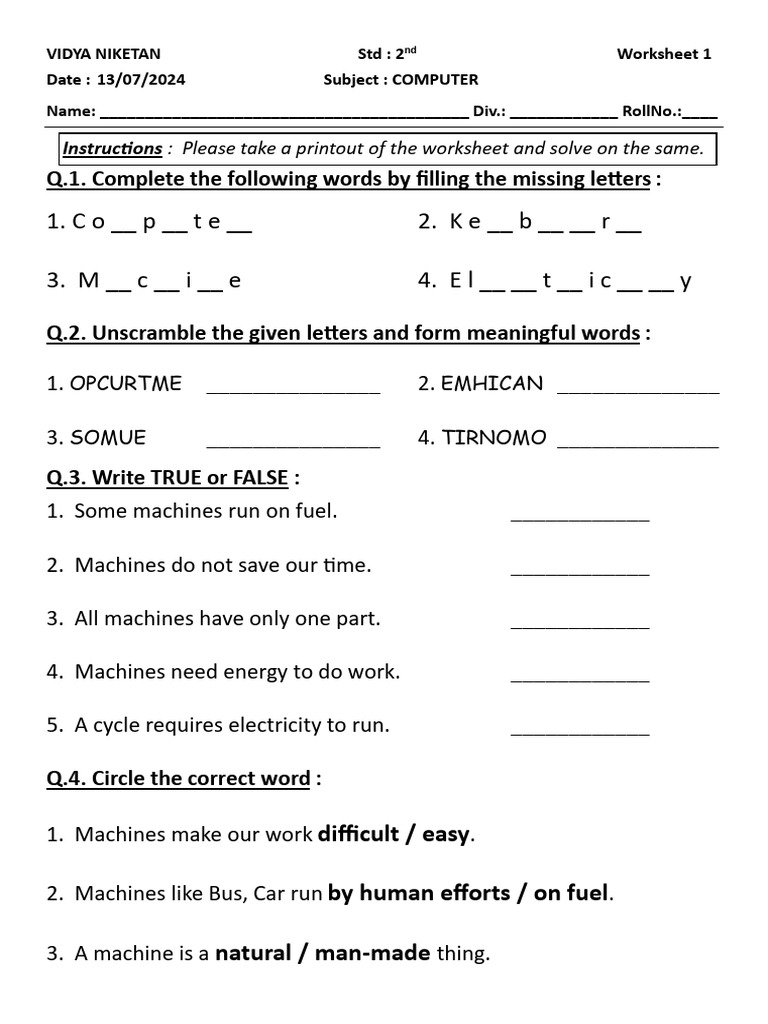 2nd Grade Computer Worksheet | PDF