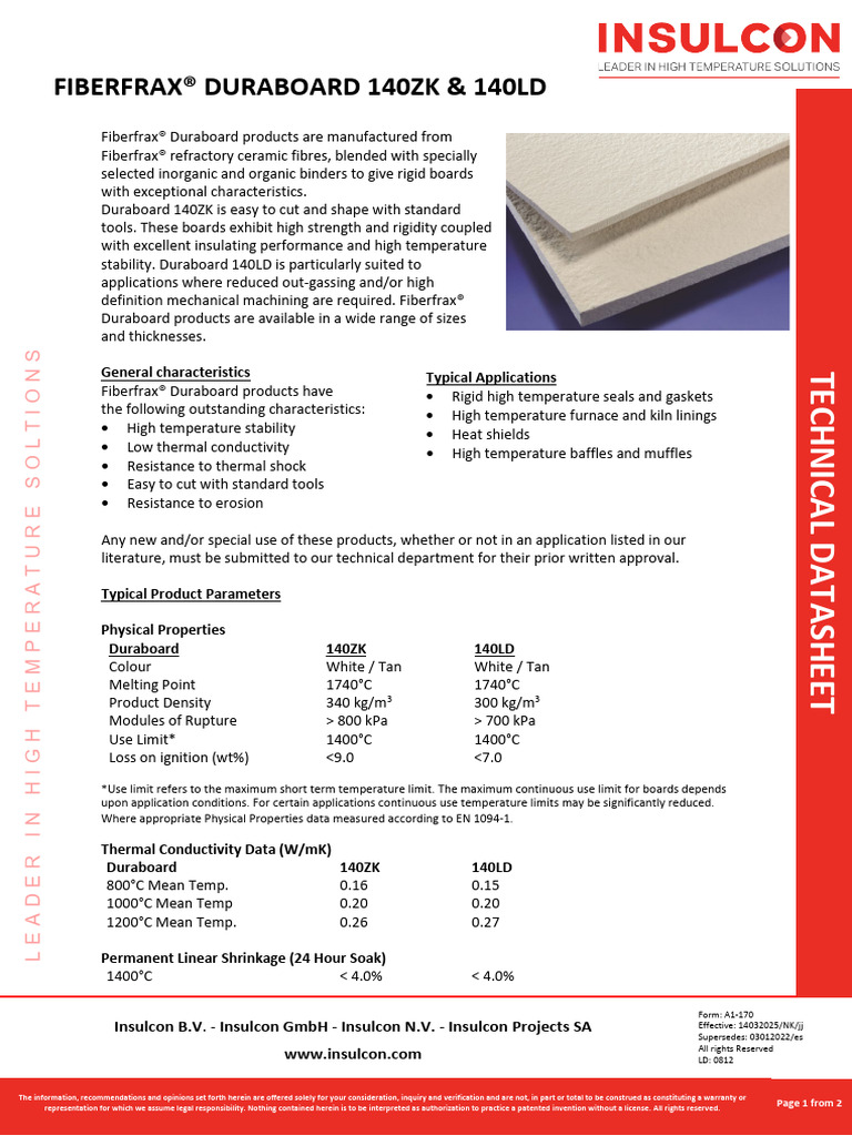 Fiberfrax Duraboard 140 Technical Data | PDF | Refractory | Materials