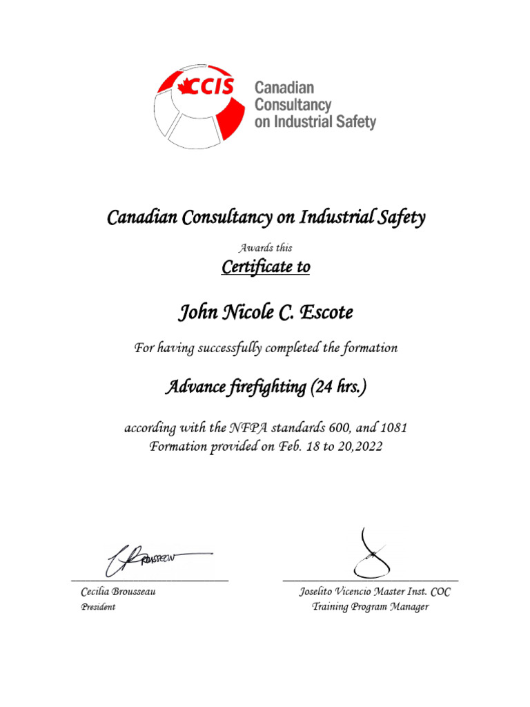 Certificate of Completion: Advanced Firefighting | PDF