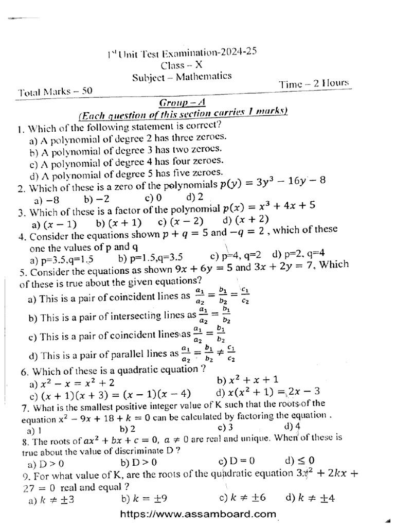 Class 10 Ut1 Mathematics 101024 2025 | PDF