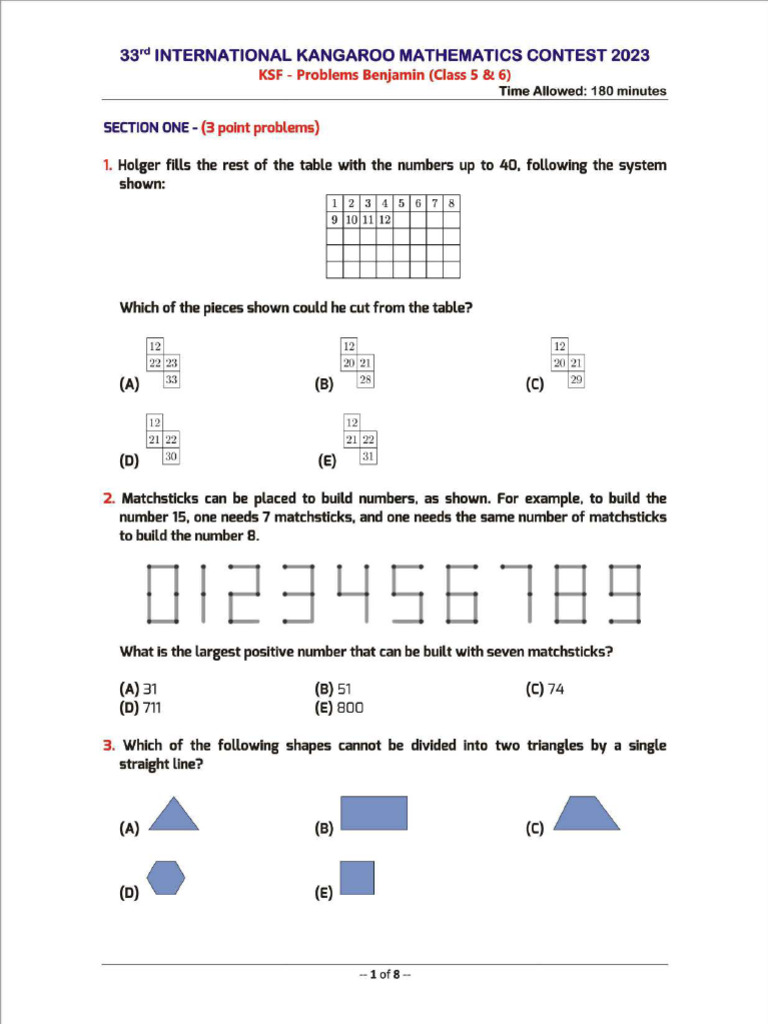 Kangaroo Mathematics Contest 2023 Problems | PDF