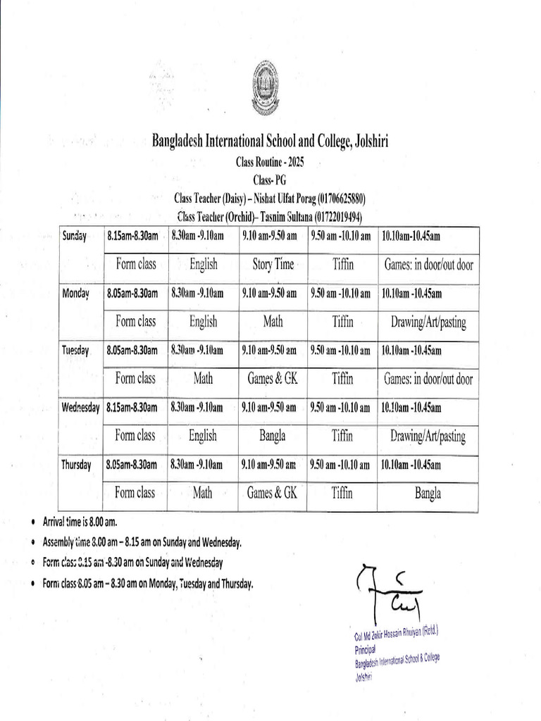 Bangladesh International School Class Routines | PDF