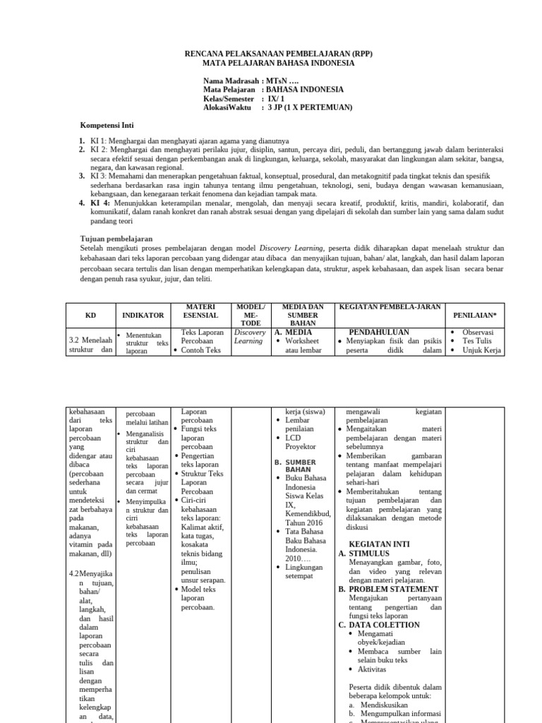 RPP Bahasa Indonesia Kelas IX 2020 | PDF