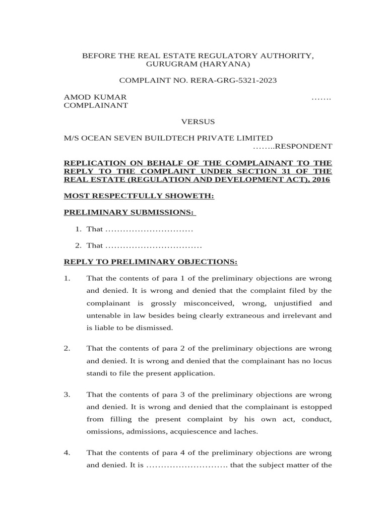 RERA Complaint Replication: Amod Kumar vs Ocean Seven Buildtech | PDF ...