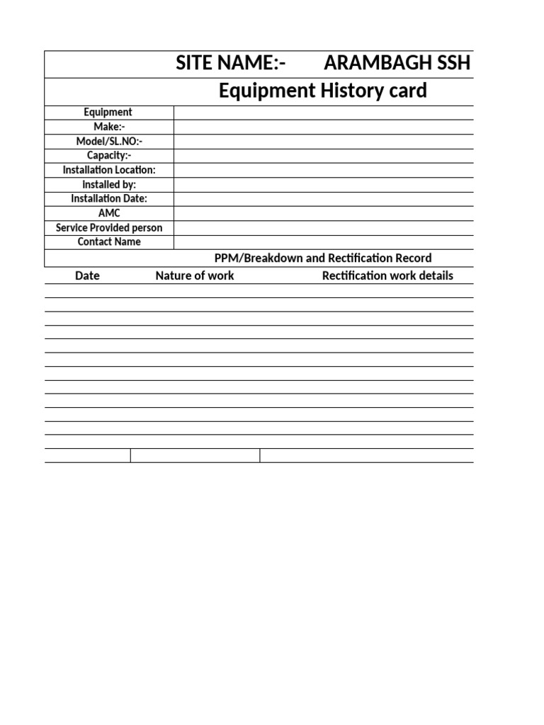 Equipment History Card for ARAMBAGH SSH | PDF