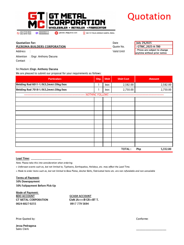 Welding Rod Quotation for Pleroma Builders | PDF