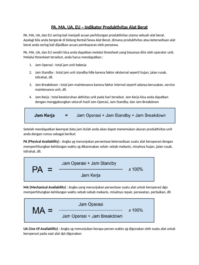 Indikator PA, MA, UA, dan EU Alat Berat | PDF