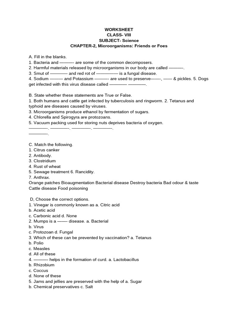 Microorganisms: Friends and Foes Worksheet | PDF