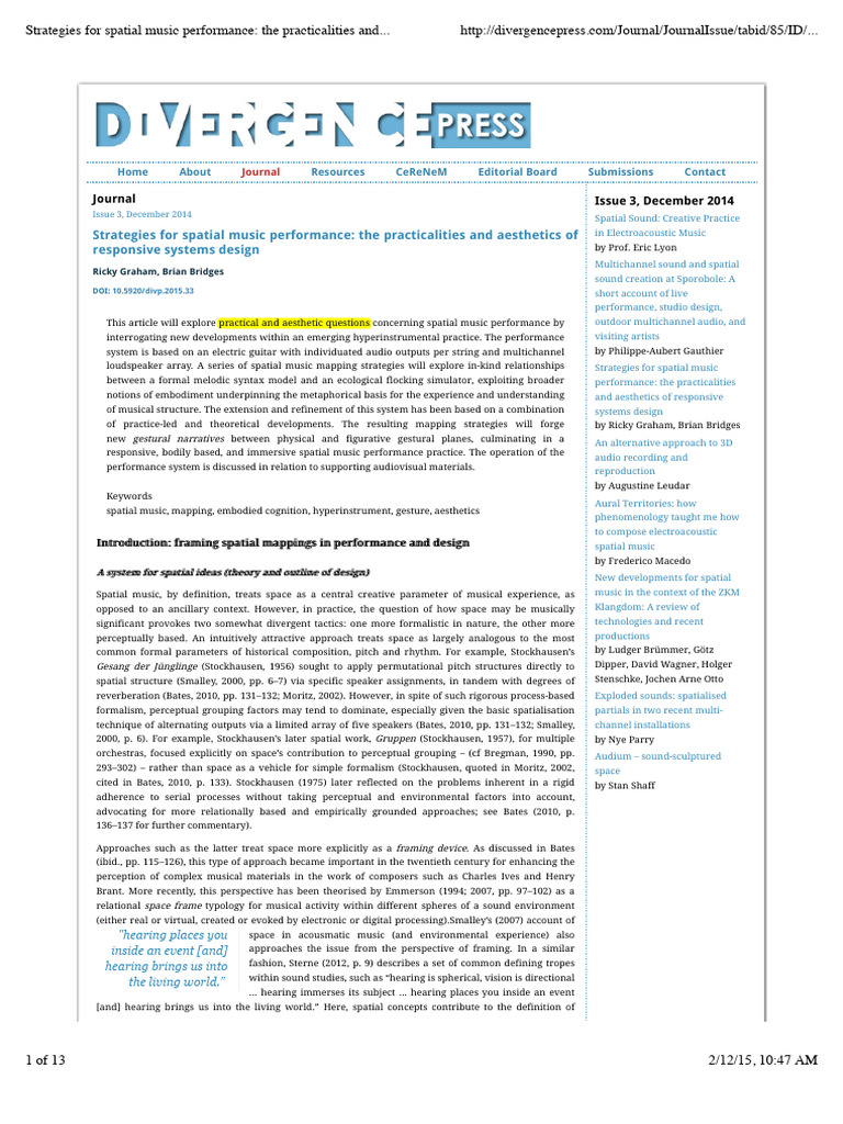 Spatial Music Performance Strategies | PDF | Embodied Cognition | Gesture