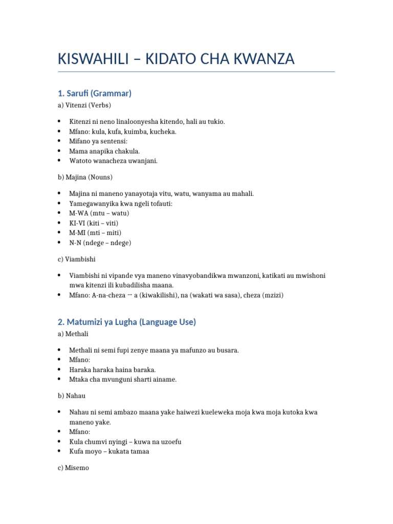 Kiswahili Kidato Cha Kwanza Notes | PDF