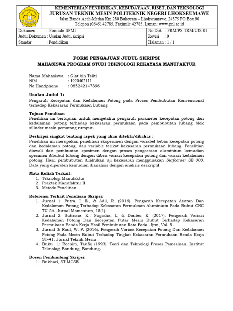 Usulan Judul Skripsi Teknik Mesin | PDF