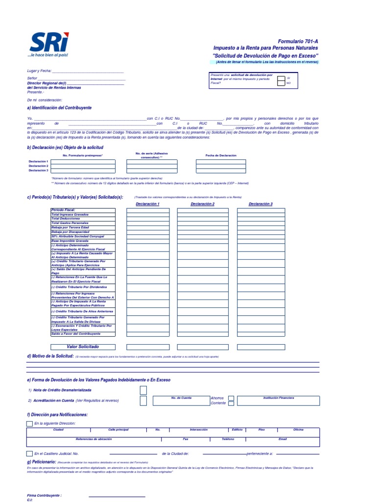 Formato Solicitud de Devolución de IR - 701 A Ver1.5 | PDF | Impuesto ...