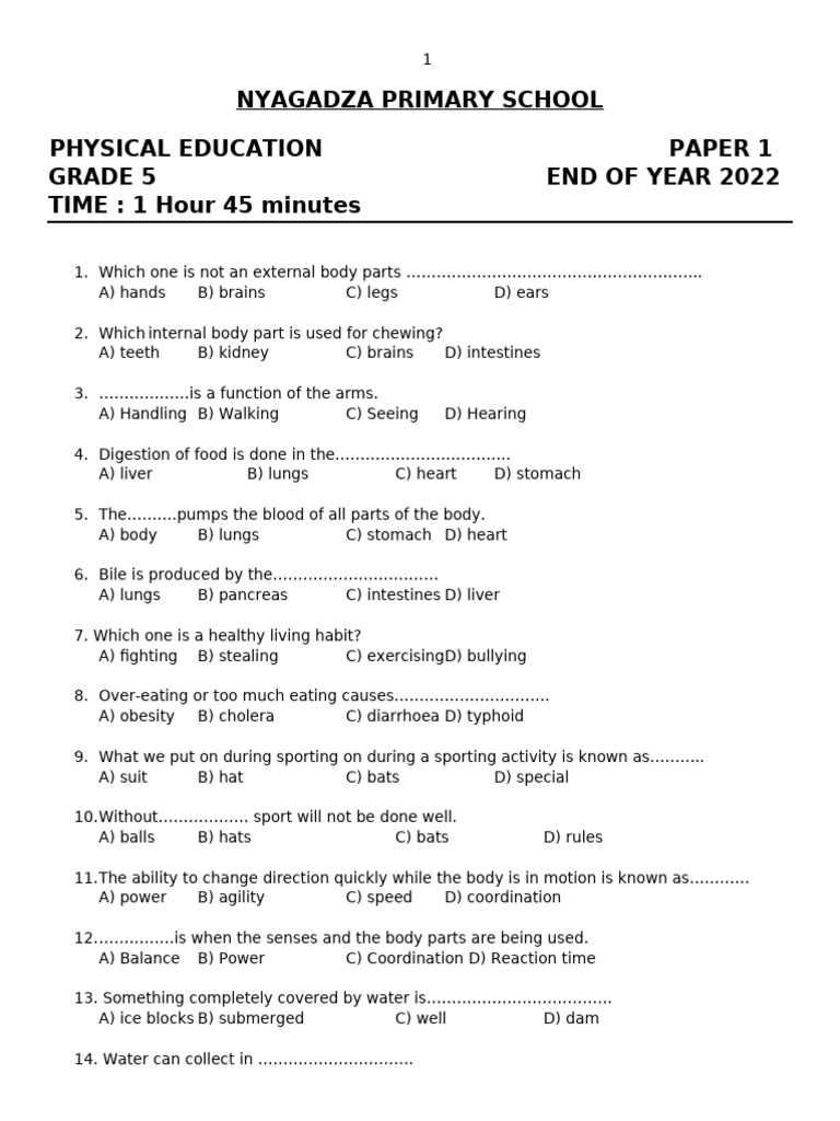 Grade 5 Physical Education Exam 2022 | PDF | Swimming (Sport)