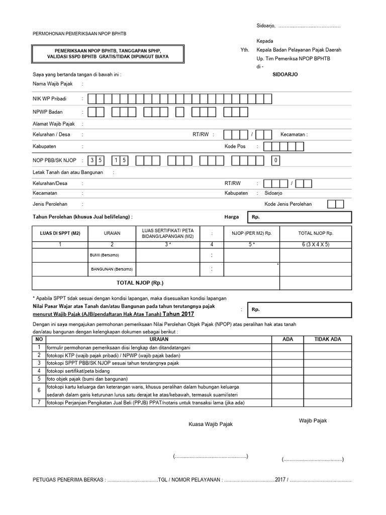Form Permohonan Pemeriksaan Npop Bphtb Pdf