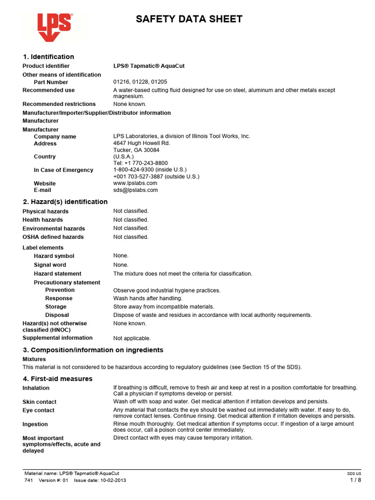 LPS Tapmatic AquaCut Safety Data Sheet | PDF | Firefighting | Personal ...