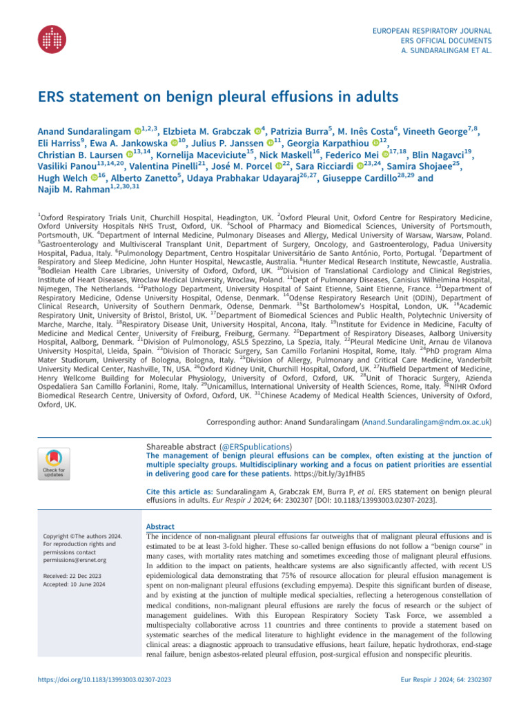 ERS Guidelines on Benign Pleural Effusions | PDF | Lactate ...