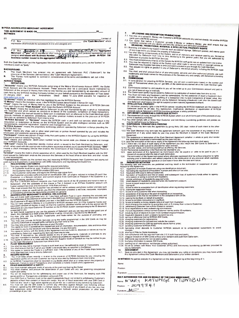 Mpesa Merchant Agreement | PDF
