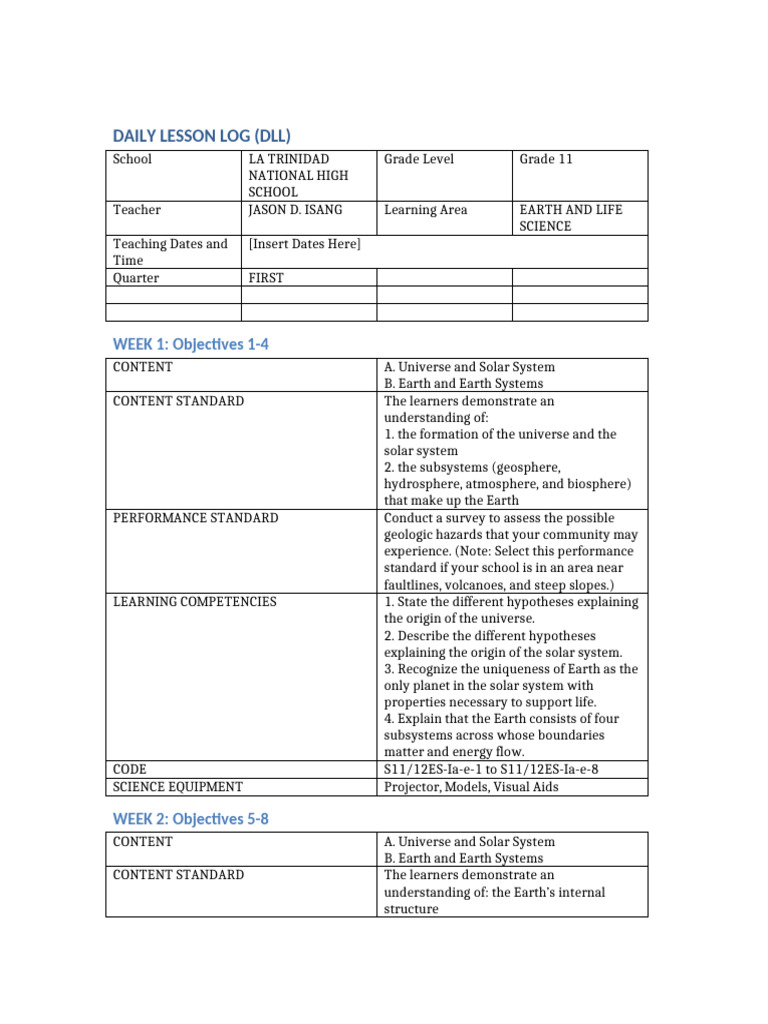 Grade 11 Earth and Life Science DLL | PDF | Earth Sciences | Earth